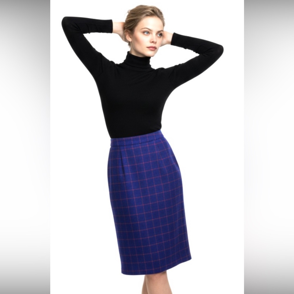 CARLISLE Skirt Wool Plaid Royal Blue Red Pleated Midi